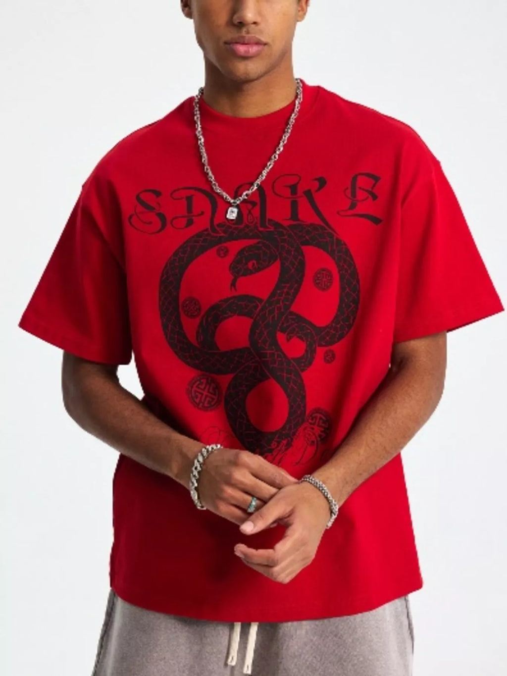 Men's snake graphic round neck cotton t-shirt for casual everyday streetwear close shot