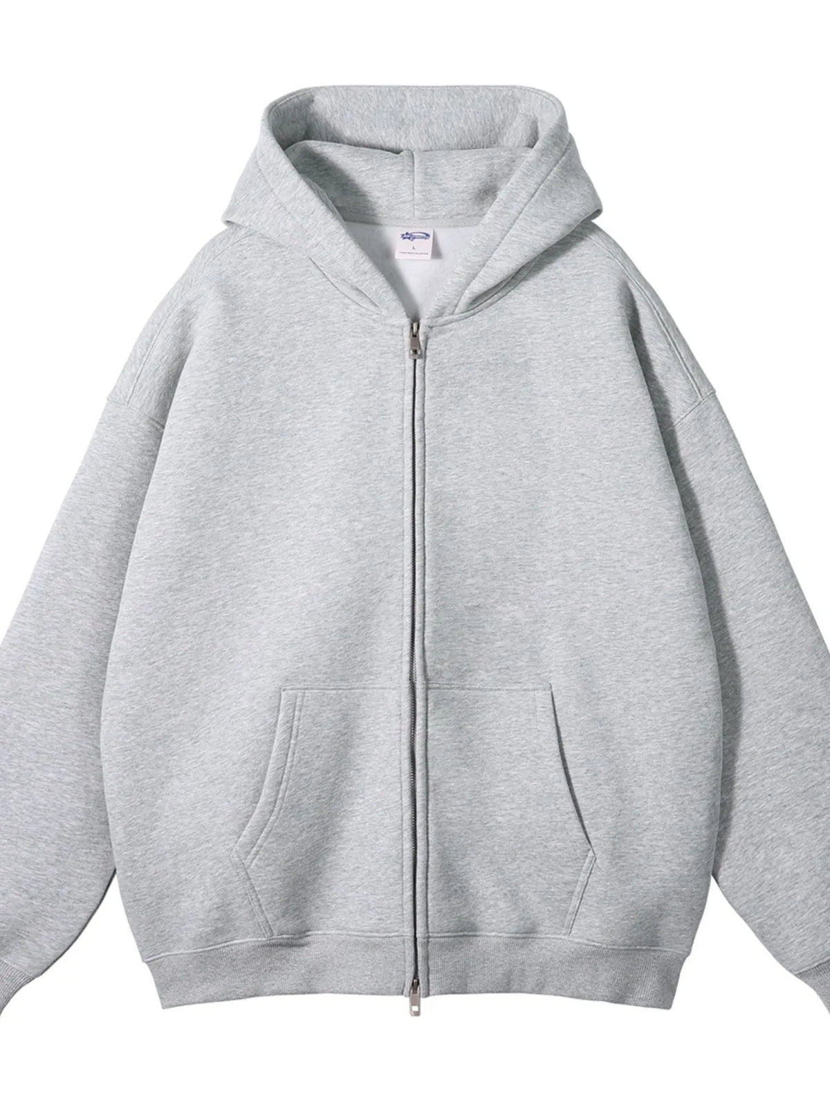 CLOTHRA unisex premium fleece zip-up hoodie showing an oversized fit and cozy streetwear style with front zipper. in a color Grey