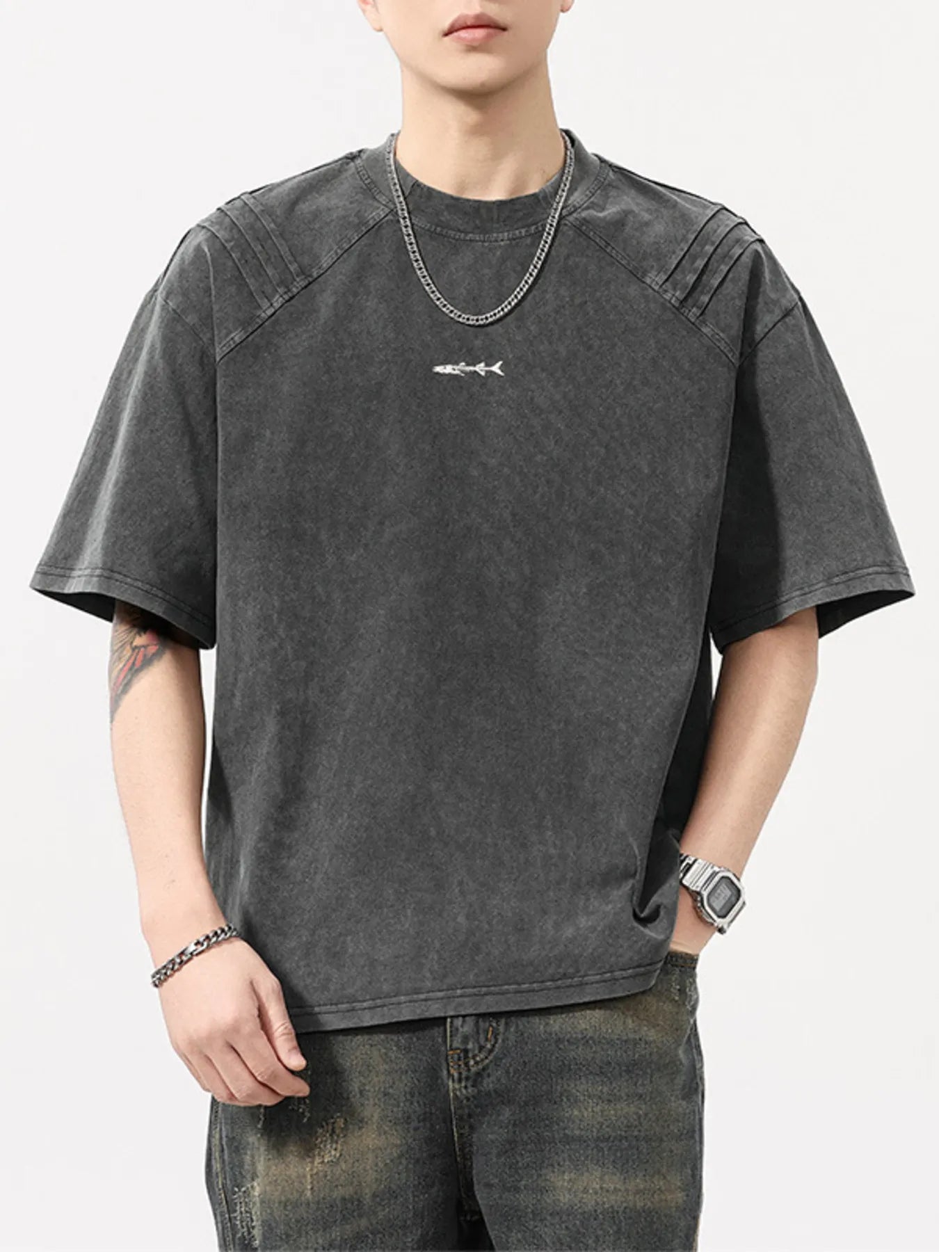 CLOTHRA men plus size vintage washed round neck tee showing a relaxed loose urban fit and premium faded textured fabric. in a color Dark Grey