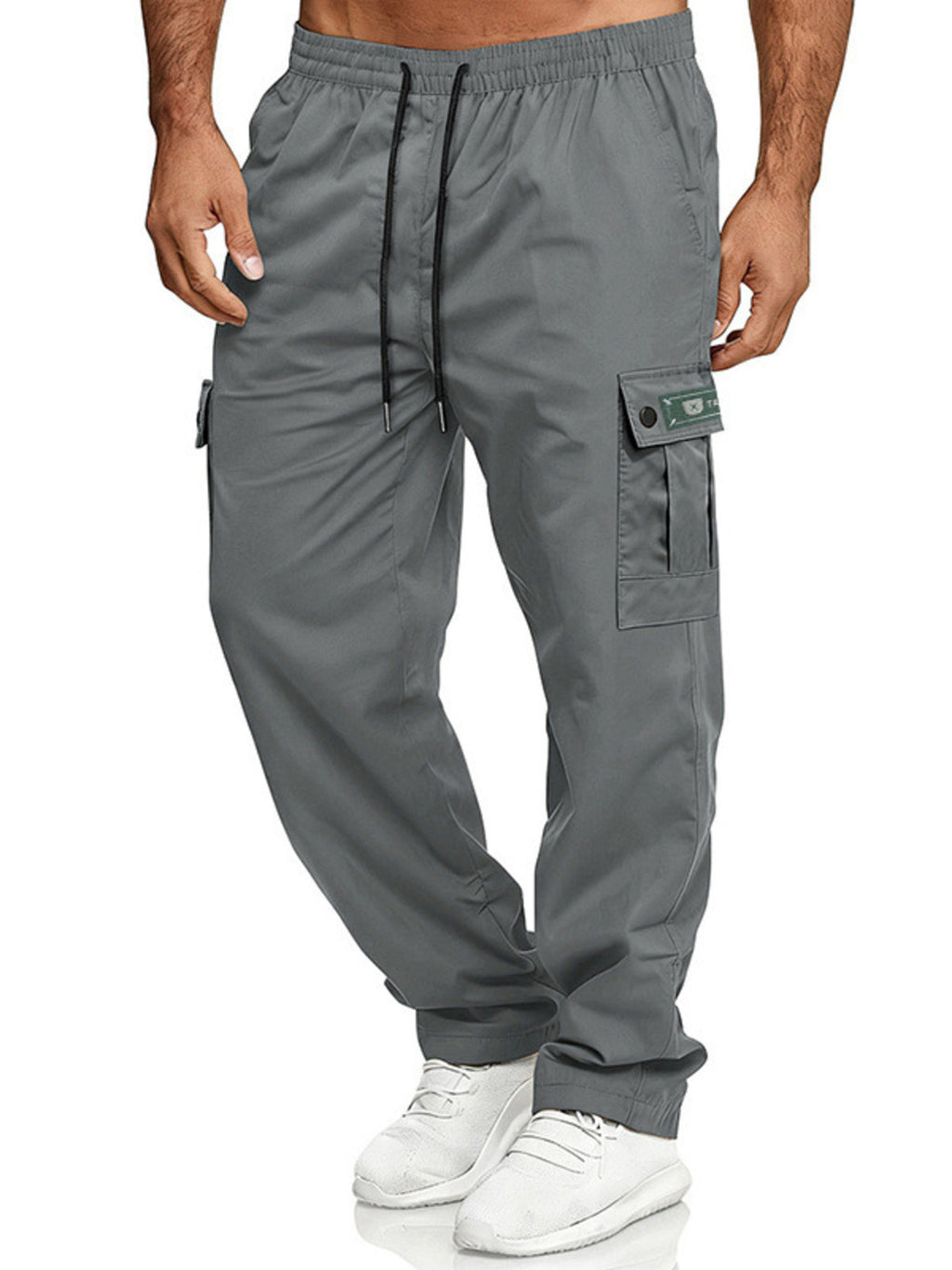 Close up of the premium wide elastic waistband and adjustable front drawstring on CLOTHRA men plus size cargo trousers. in a color Grey
