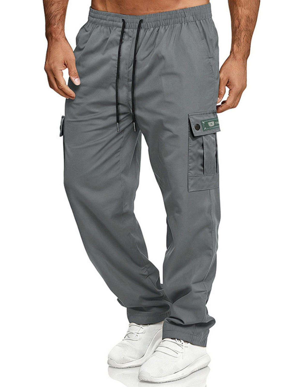 Close up of the premium wide elastic waistband and adjustable front drawstring on CLOTHRA men plus size cargo trousers. in a color Grey