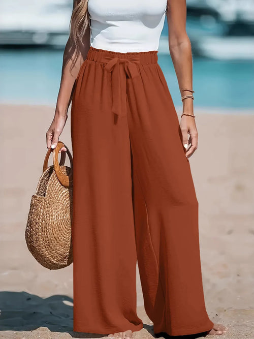 CLOTHRA full size plus size wide leg drawstring pants showing an elongated relaxed vertical drape in an authentic street fashion look. in a color Light Brown