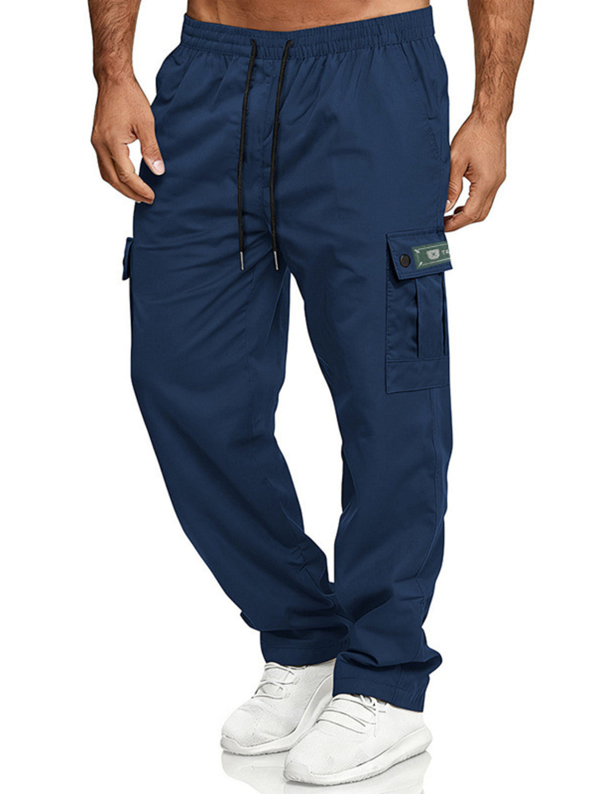 CLOTHRA men full size cargo pants with drawstring waist showing a comfortable plus size straight leg streetwear look. in a color Navy Blue