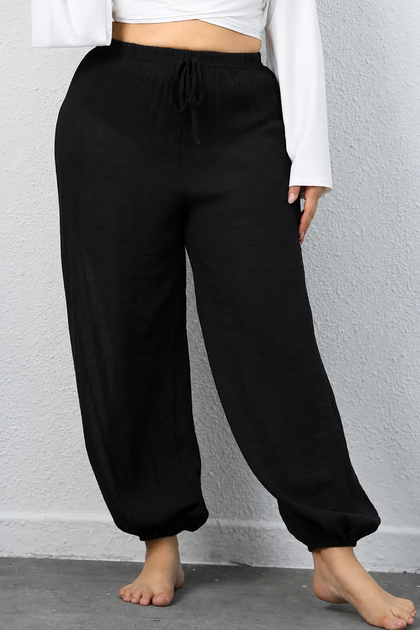 CLOTHRA plus size casual drawstring jogger pants with adjustable tie waist in an opaque black color.