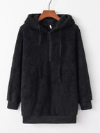 Close up of the high-quality front half zipper and thick adjustable hood drawstrings on CLOTHRA unisex fleece pullover. in a color Black