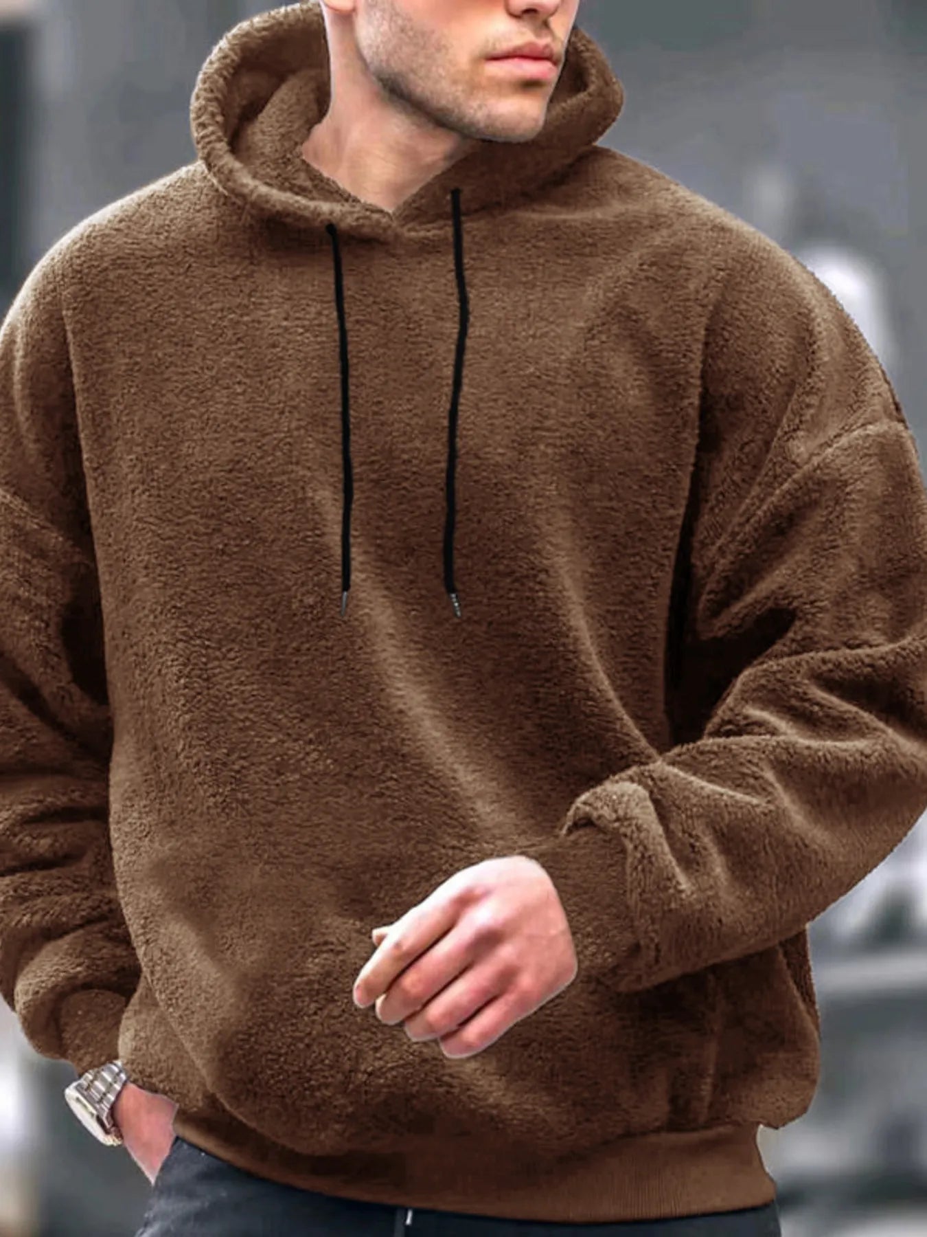 CLOTHRA men premium cotton fleece long sleeve hoodie showing a modern oversized fit and relaxed streetwear drape. in a color Camel