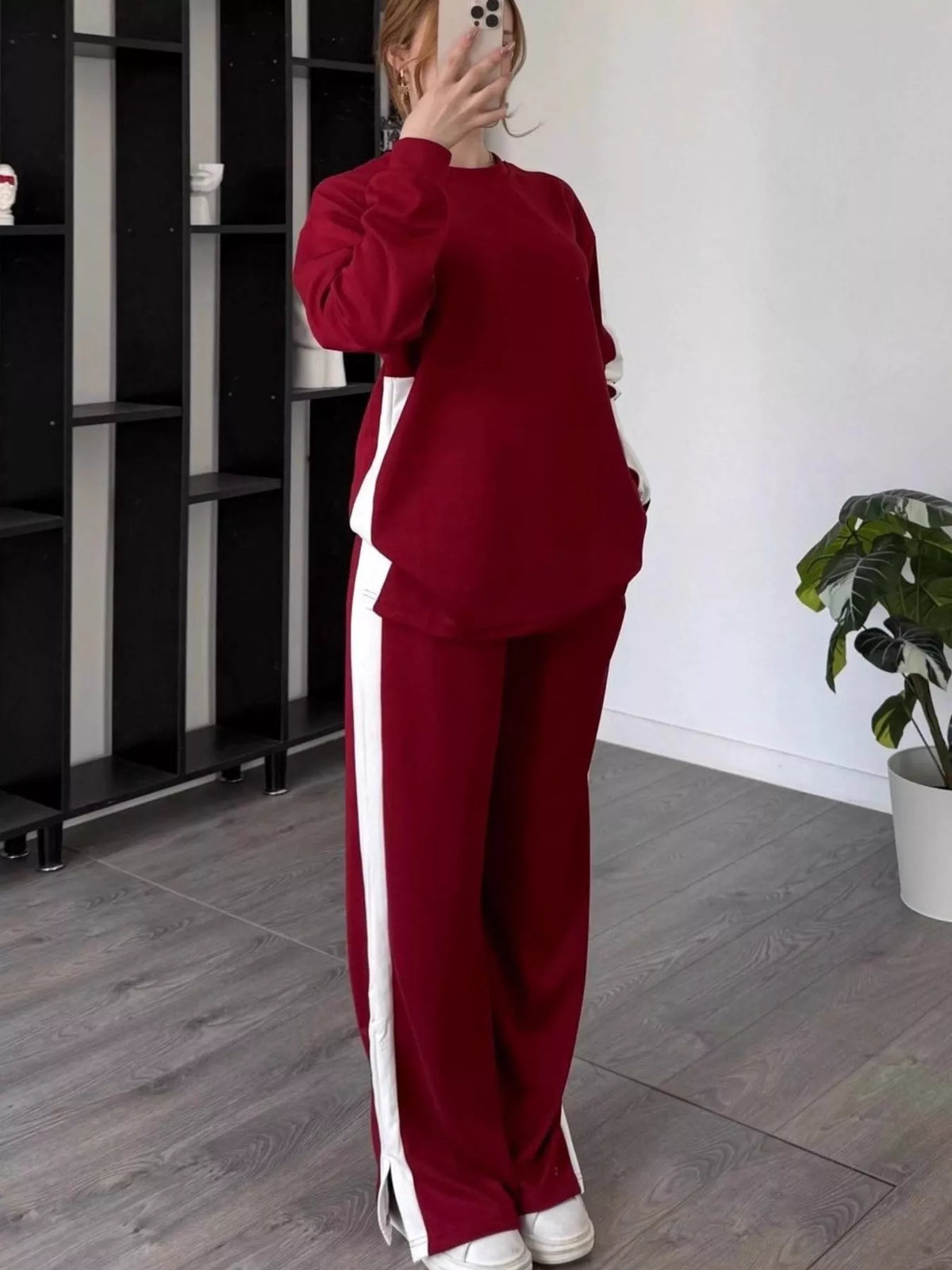 CLOTHRA plus size matching contrast round neck top and relaxed pants two piece color block tracksuit set in a clean urban look. in a color Burgundy 