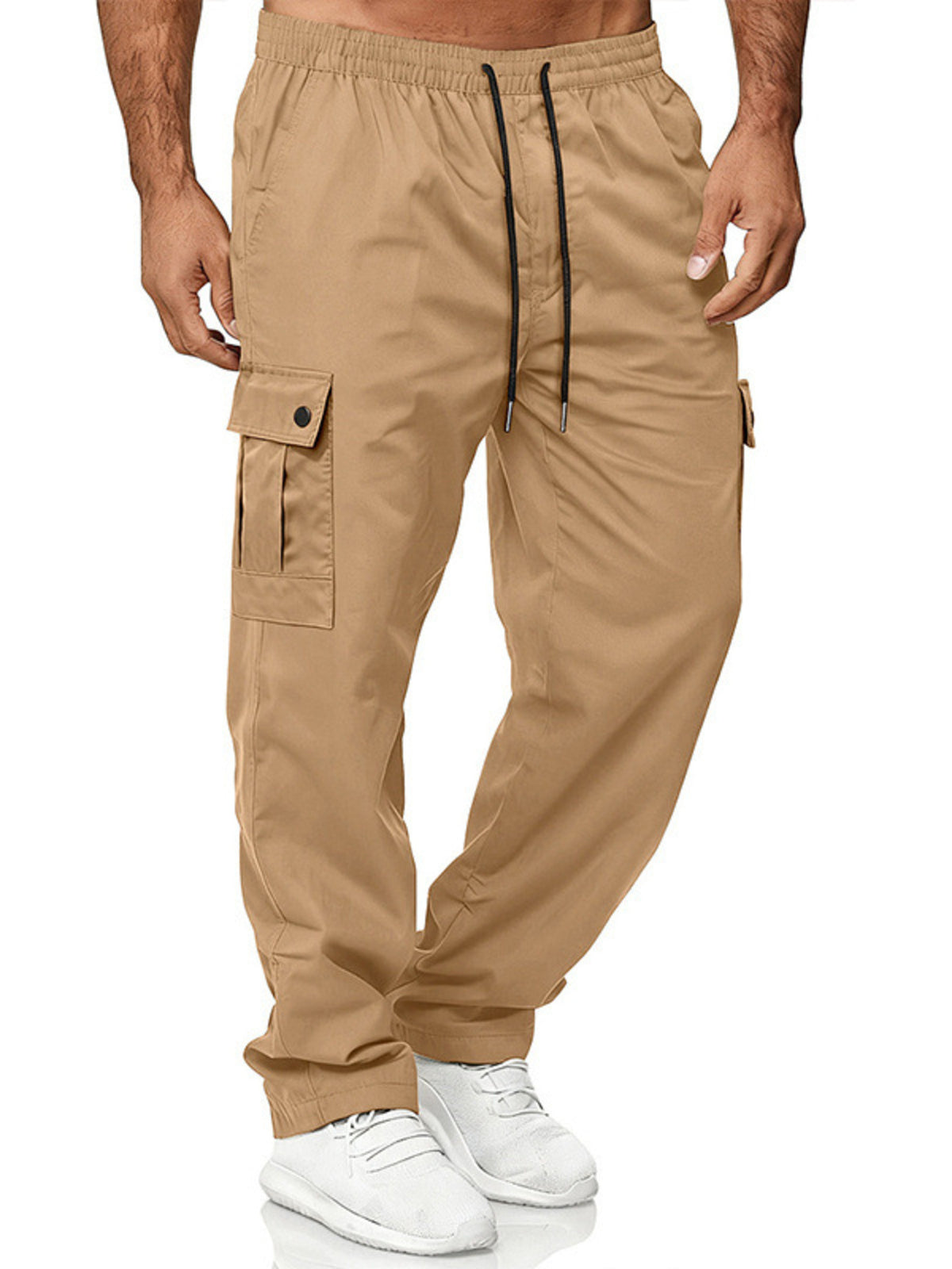 CLOTHRA men full size cargo pants with drawstring waist showing a comfortable plus size straight leg streetwear look. in a color Khaki