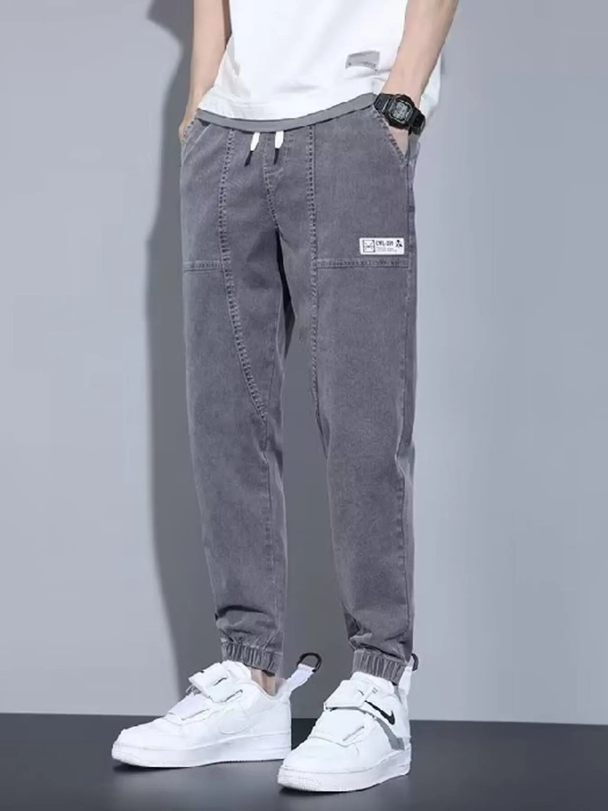 CLOTHRA men plus size casual loose fit denim look knit joggers showing a relaxed tapered streetwear silhouette with pockets. in a color Grey
