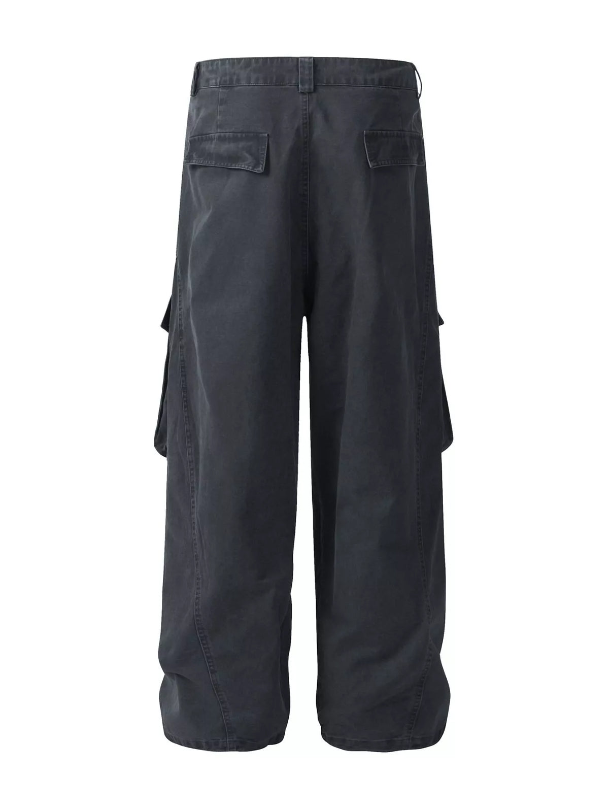 Close up of the secure waist closure and reinforced side slash pockets on CLOTHRA men cargo trousers back side view
