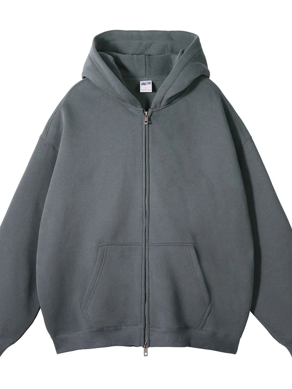 CLOTHRA unisex premium fleece zip-up hoodie showing an oversized fit and cozy streetwear style with front zipper. in a color Dark Grey