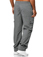 Close up of the premium wide elastic waistband and adjustable front drawstring on CLOTHRA men plus size cargo trousers. Back side view Grey color