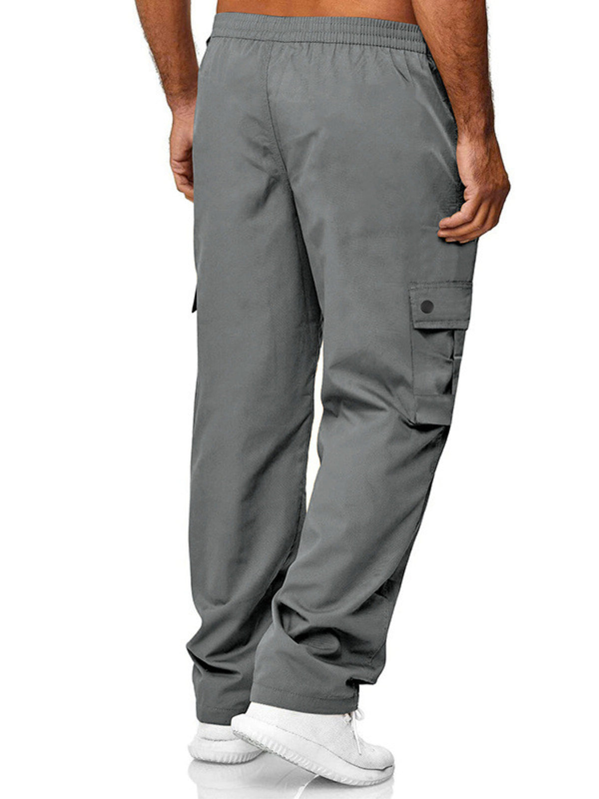 Close up of the premium wide elastic waistband and adjustable front drawstring on CLOTHRA men plus size cargo trousers. Back side view Grey color