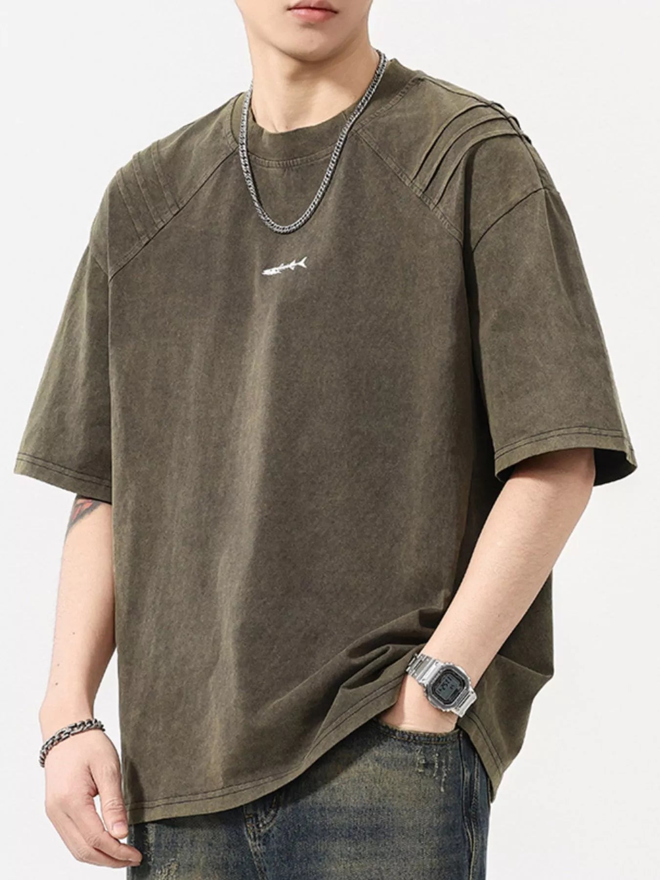 CLOTHRA men plus size vintage washed round neck tee showing a relaxed loose urban fit and premium faded textured fabric.