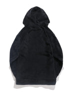 Detailed close up shot of the ultra soft brushed cotton fleece interior lining on CLOTHRA premium cozy hoodie. Back side view in color Black