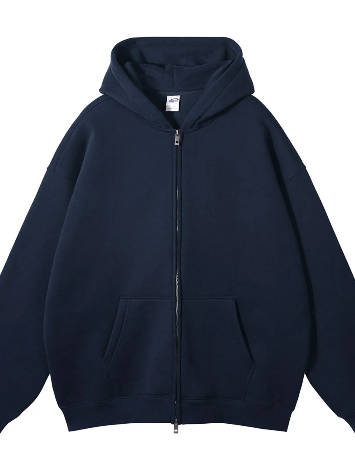 CLOTHRA unisex premium fleece zip-up hoodie showing an oversized fit and cozy streetwear style with front zipper. in a color Navy