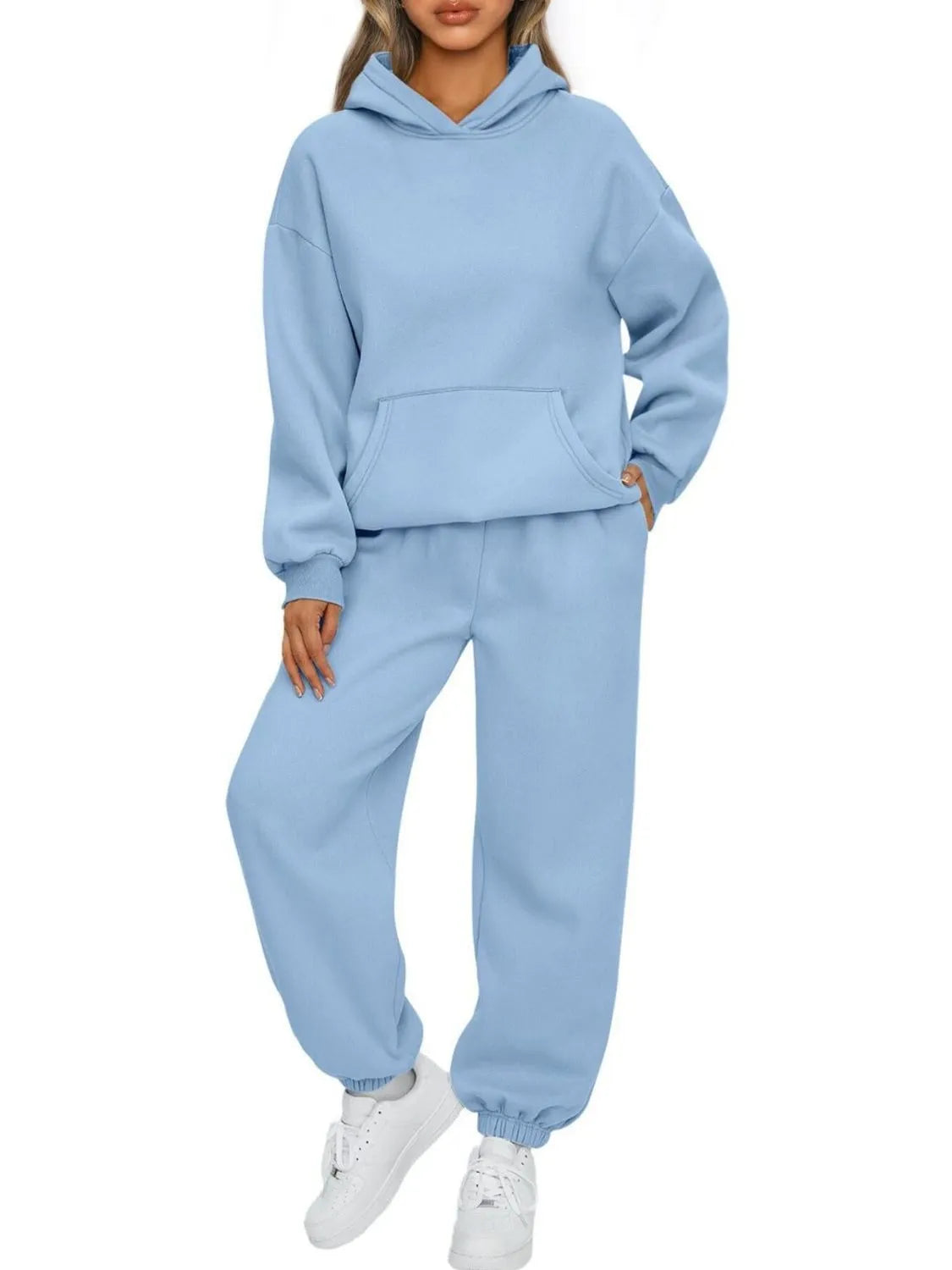 CLOTHRA plus size matching pullover hoodie with front kangaroo pocket and tapered joggers two piece sweatsuit tracksuit set in a clean urban look. n a color Light Blue