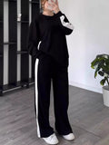 CLOTHRA plus size matching contrast round neck top and relaxed pants two piece color block tracksuit set in a clean urban look.
