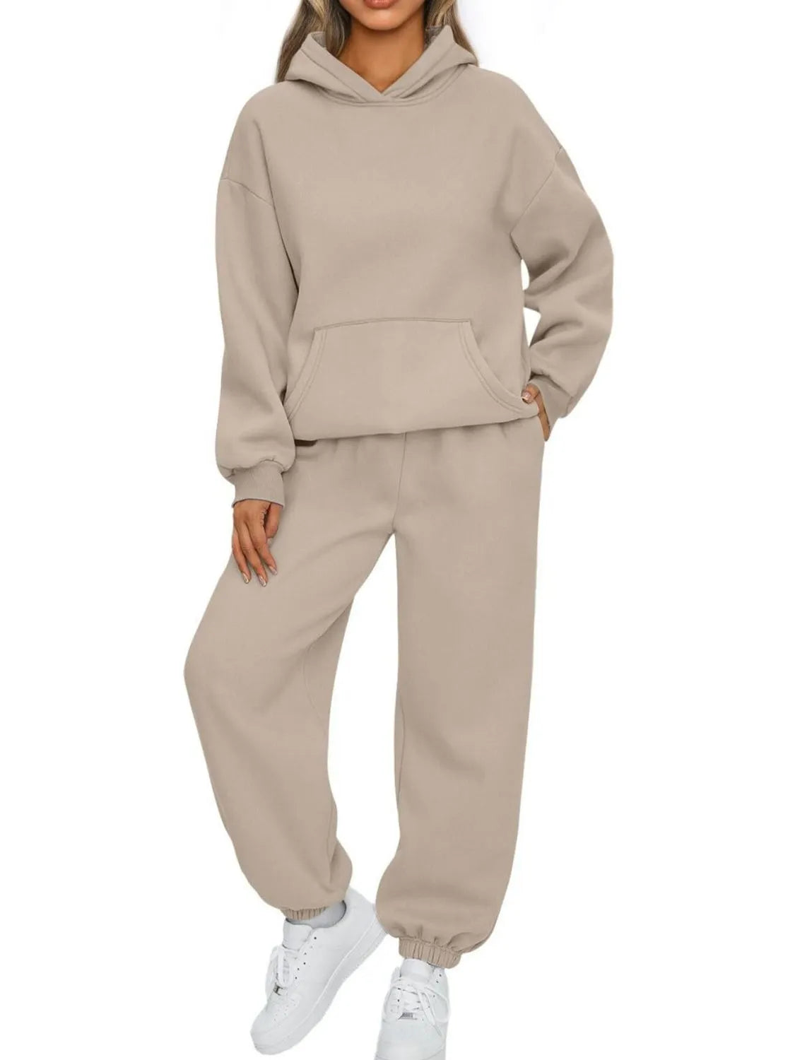 CLOTHRA plus size matching pullover hoodie with front kangaroo pocket and tapered joggers two piece sweatsuit tracksuit set in a clean urban look. in a color Khaki