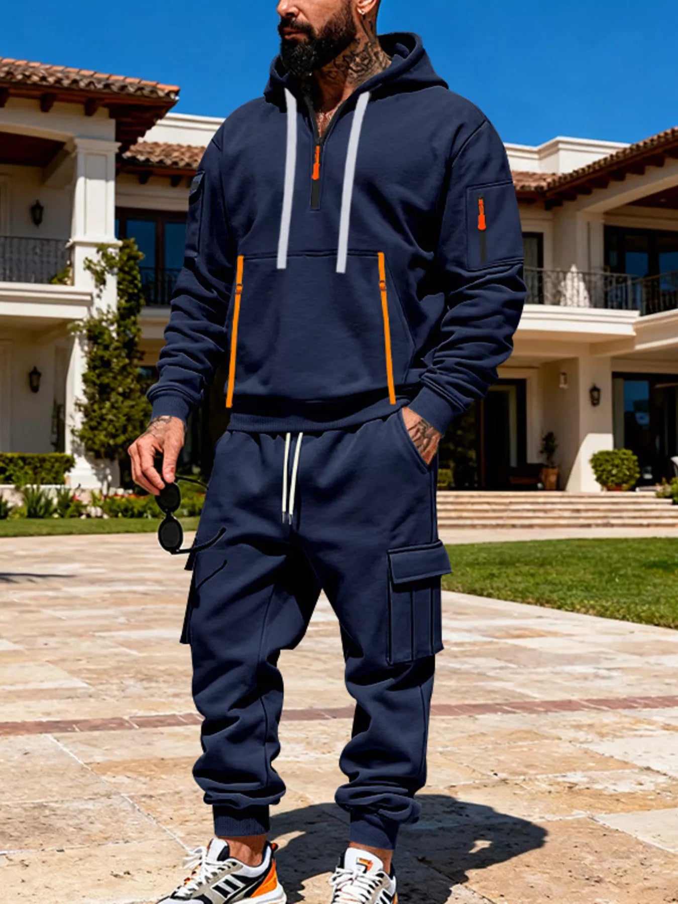 CLOTHRA men's plus size matching half zip hoodie and multi pocket cargo pants two piece utility tracksuit set in a clean urban look. in a color navy Blue