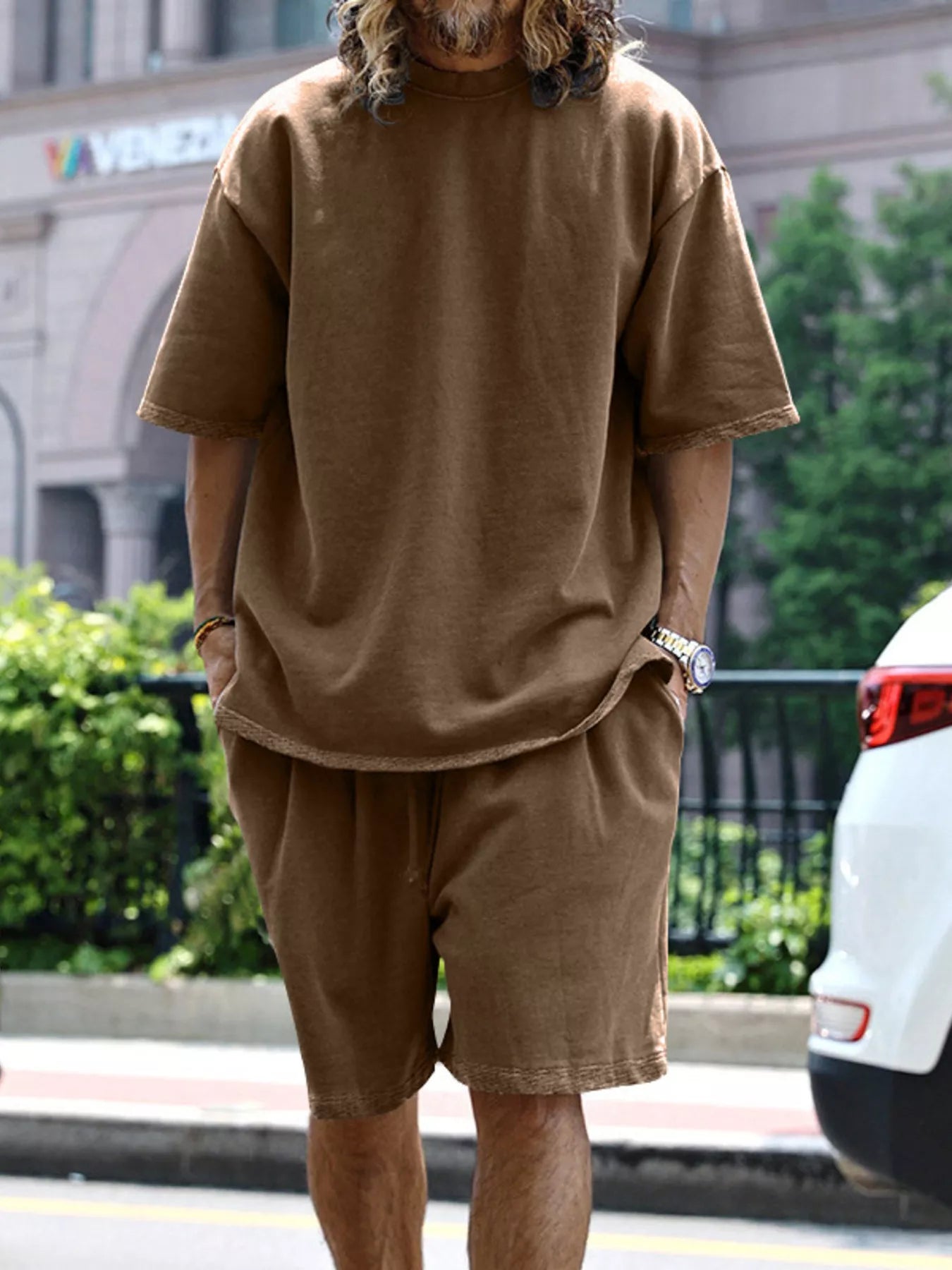 CLOTHRA men plus size matching two piece t-shirt and shorts set showing a relaxed modern casual fit and premium loungewear drape. in a color Brown